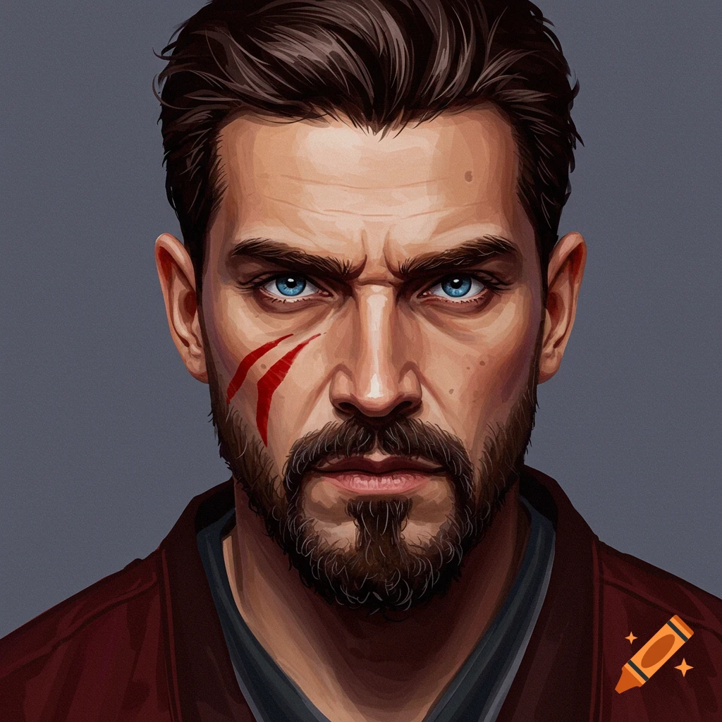 A portrait of a man with a beard, blue eyes, and red marks on his face.