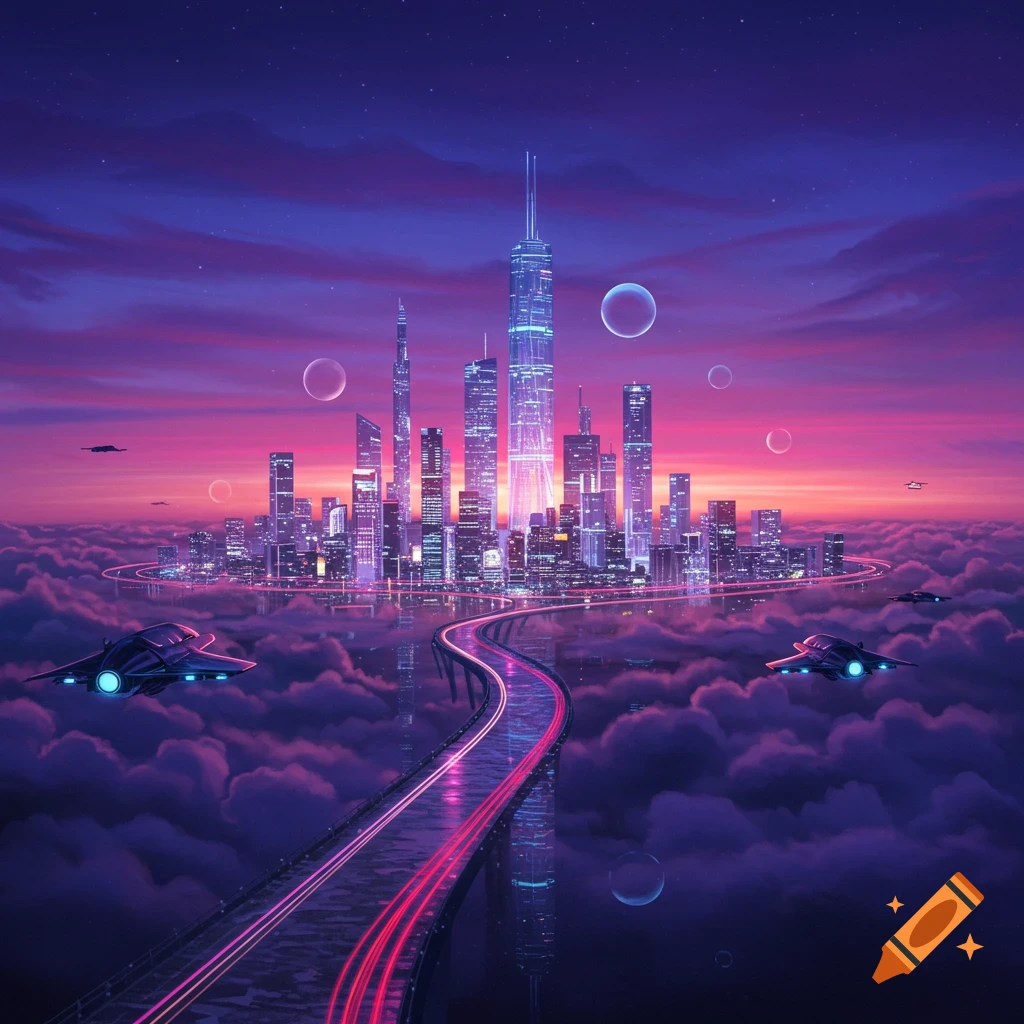 A futuristic city floats above clouds at twilight with glowing roads and flying vehicles.