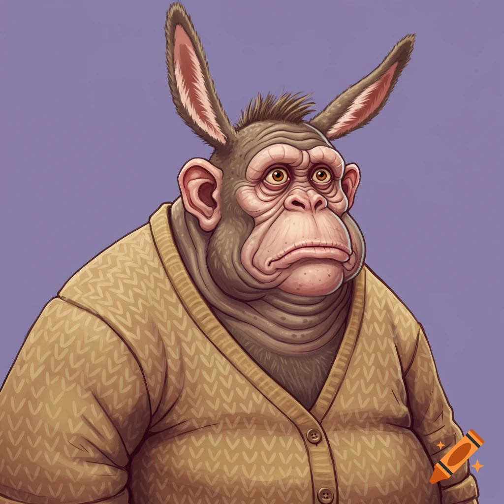 Painting of a monkey-donkey hybrid character wearing a cardigan.