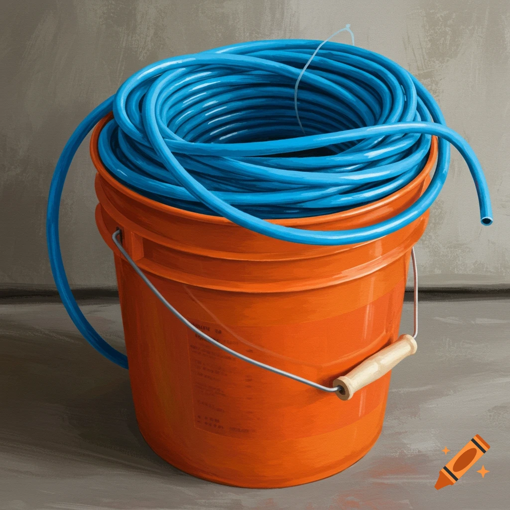 A blue hose coiled inside an orange bucket.