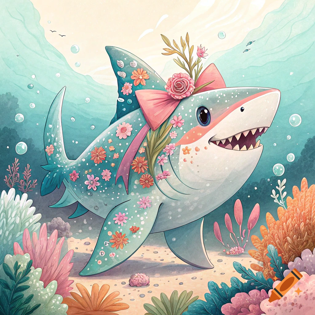 A cartoon shark decorated with flowers and a pink bow swims underwater.