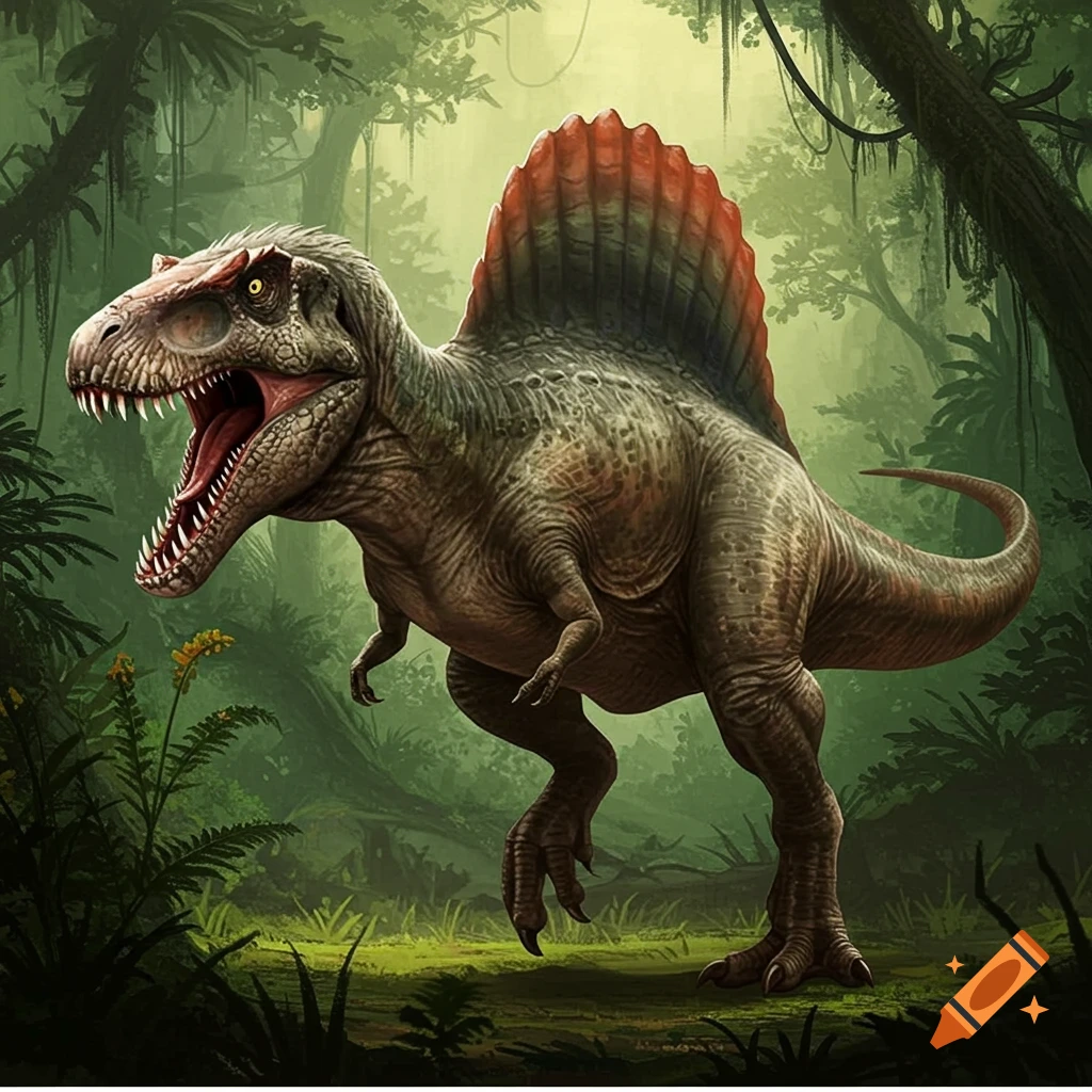 A large dinosaur resembling a T-Rex and Spinosaurus in a lush jungle.