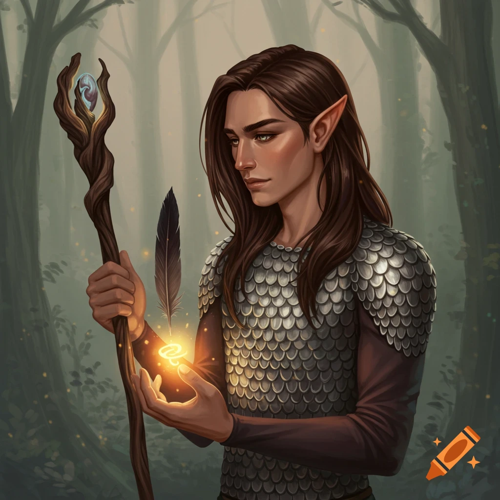 An elf sorcerer holds a staff and glowing orb in a misty forest.