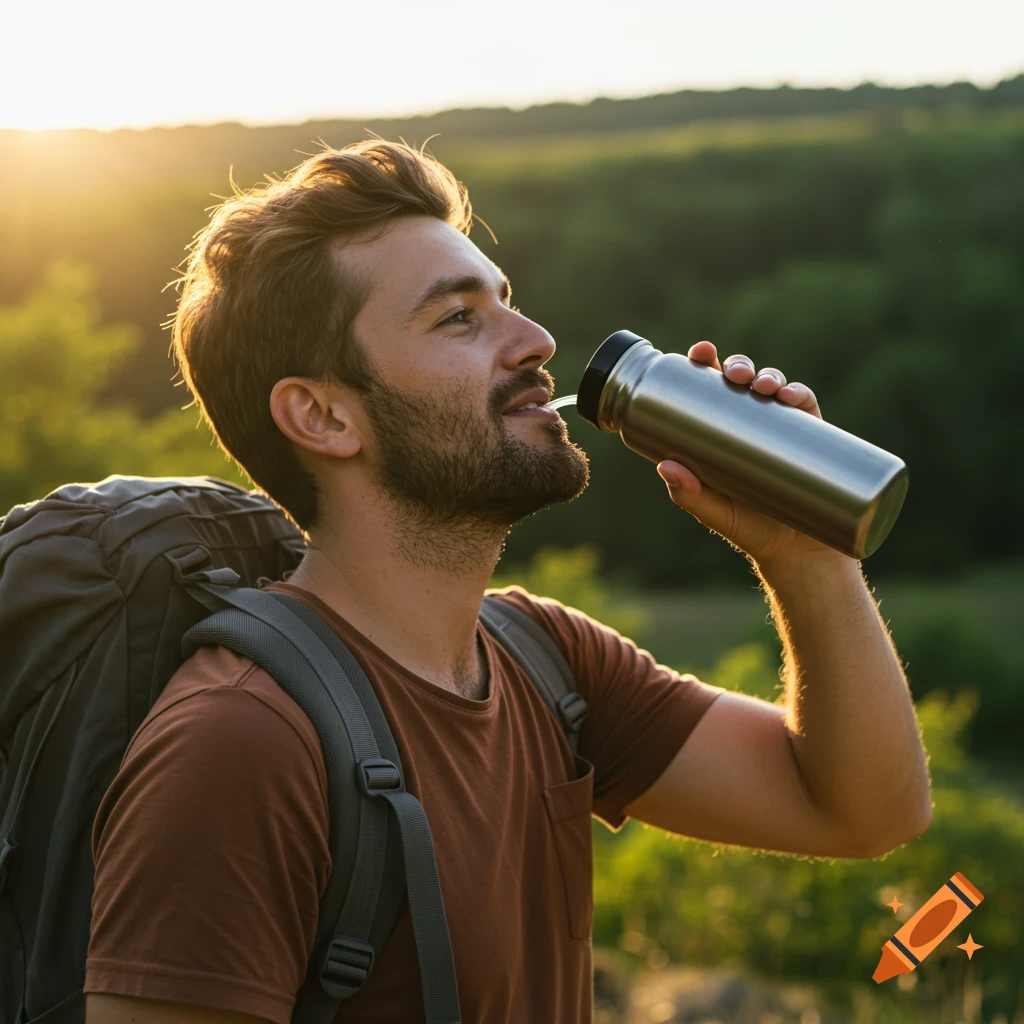 Backpacker drinking water from a bottle at sunset in a natural setting