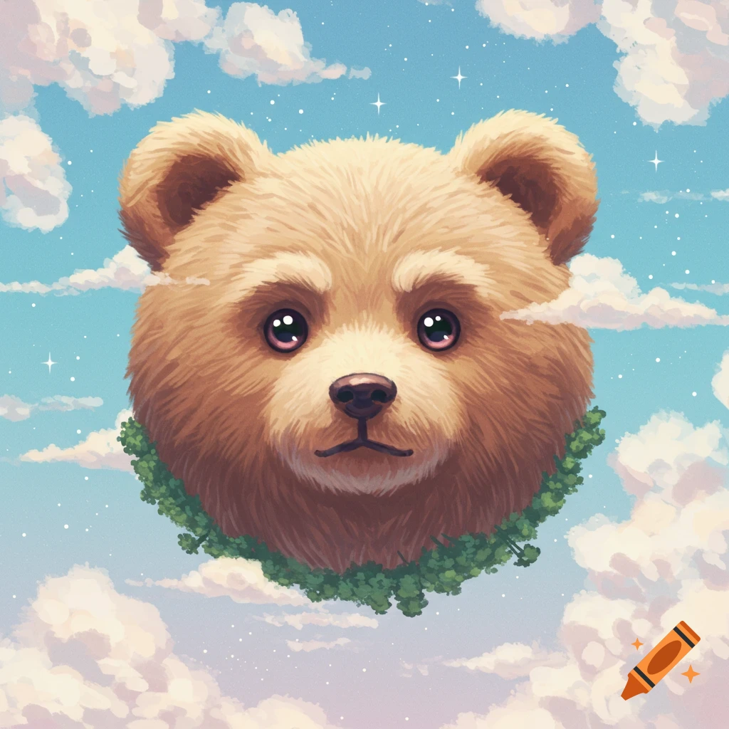 A cute bear head floating in a cloudy sky with stars and a ring of trees
