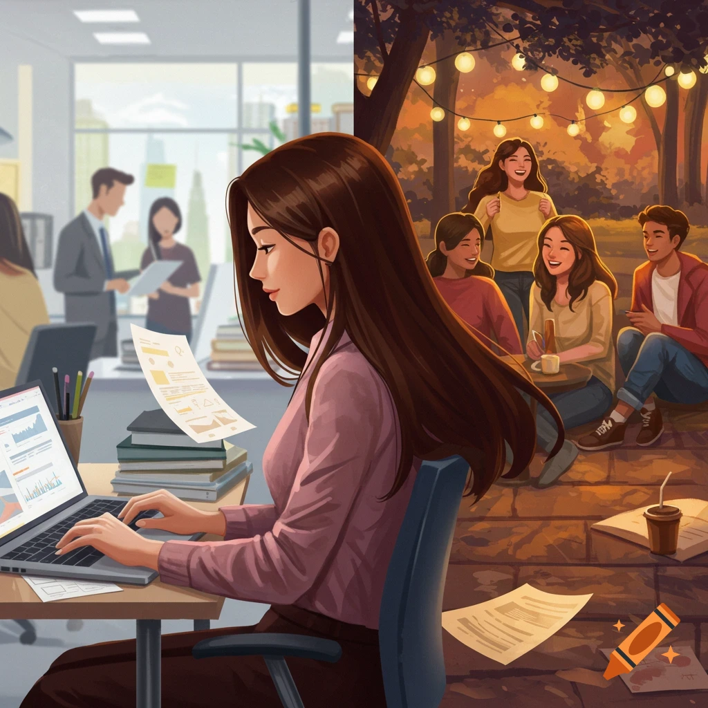 An image illustrating work-life balance with a woman on a laptop in an office and friends socializing outdoors.