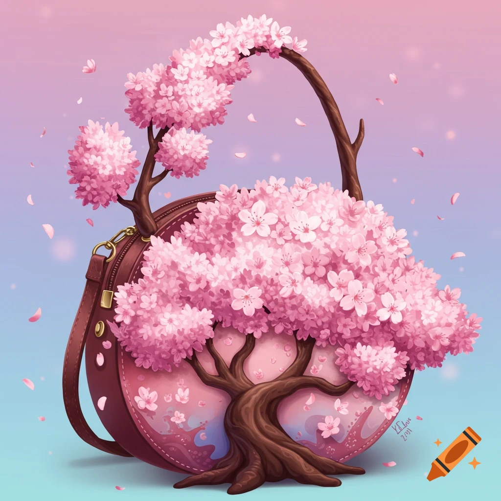 A brown purse shaped like a cherry blossom tree with pink flowers.