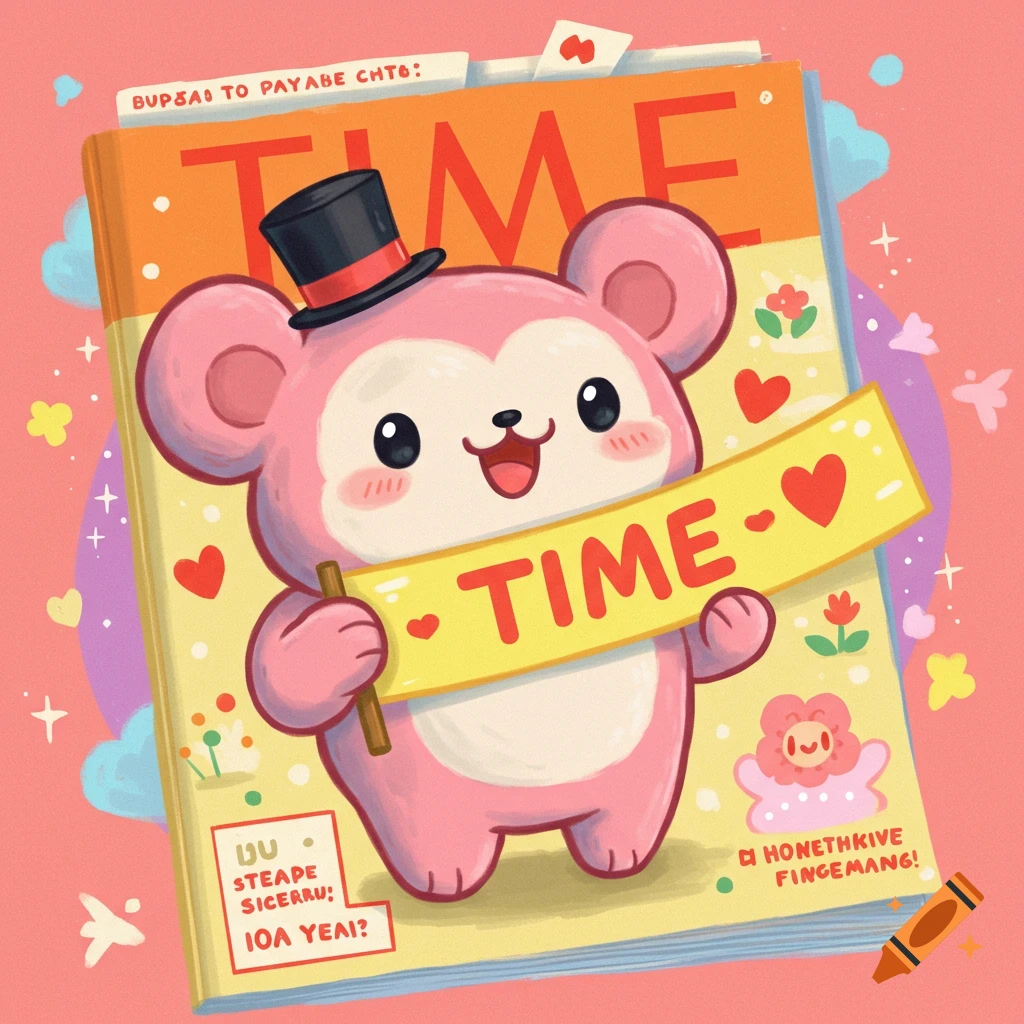 Cute pink bear in a top hat holding a sign on a cartoon magazine cover