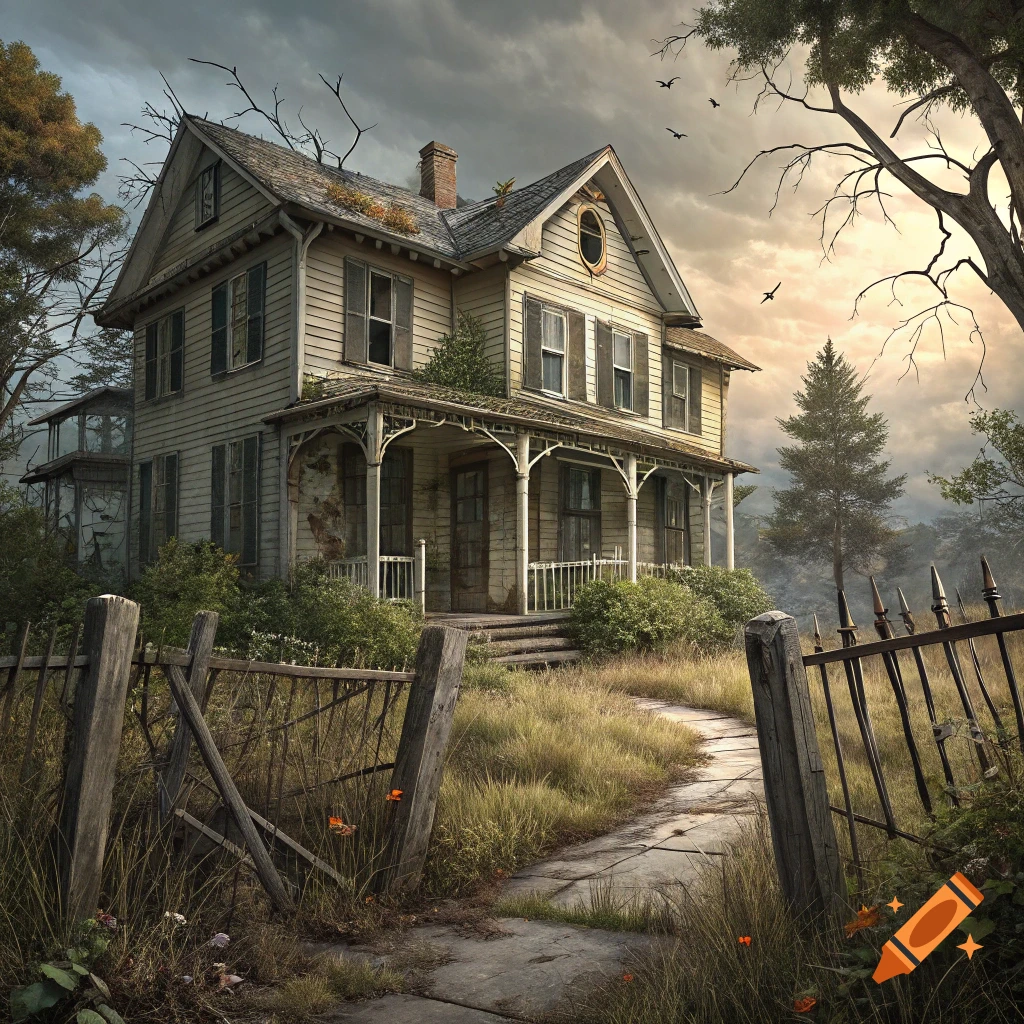 An old, rundown house with a porch, overgrown yard, and broken fence under a cloudy sky.