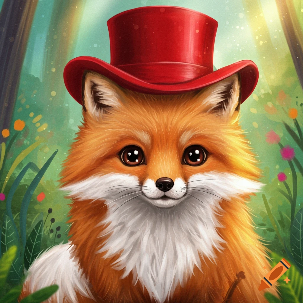 A cute fox wearing a red top hat in a forest clearing.
