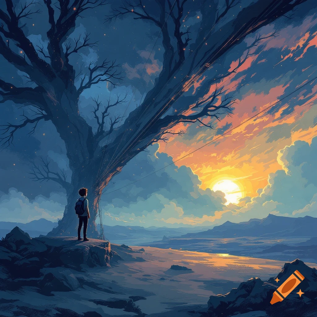 A person on a rock looking at a sunset over a landscape with a large tree.