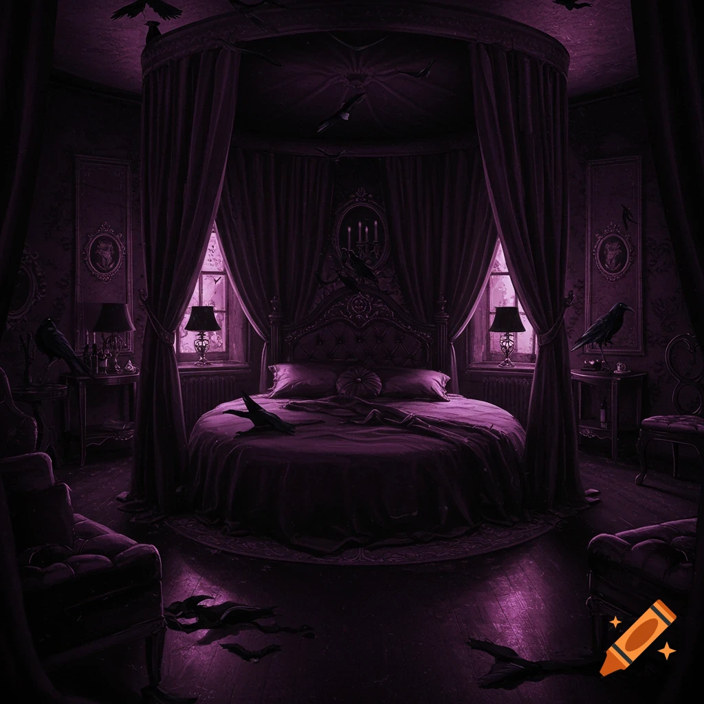 A dark gothic bedroom with purple curtains, a round bed, and crows.