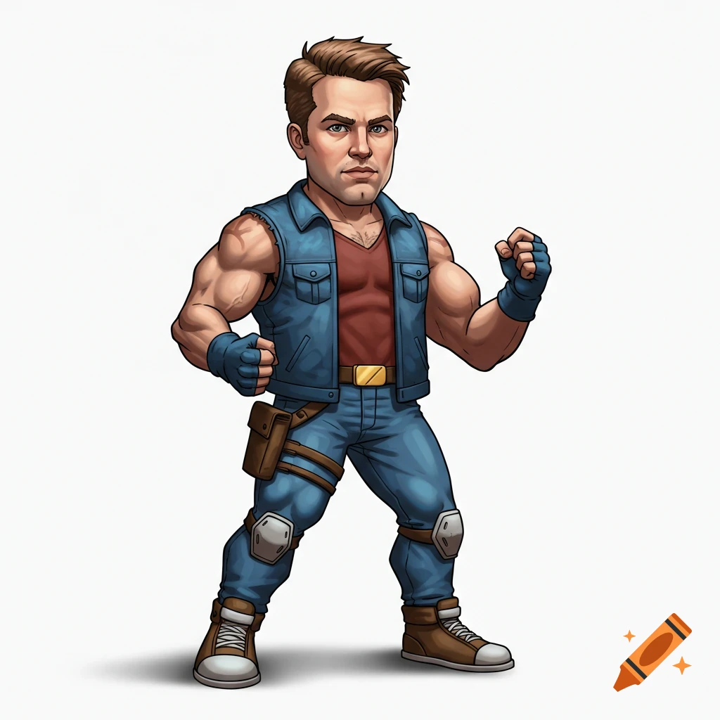 Stylized image of a male character as an action figure, wearing a blue vest and red shirt, posed for action.
