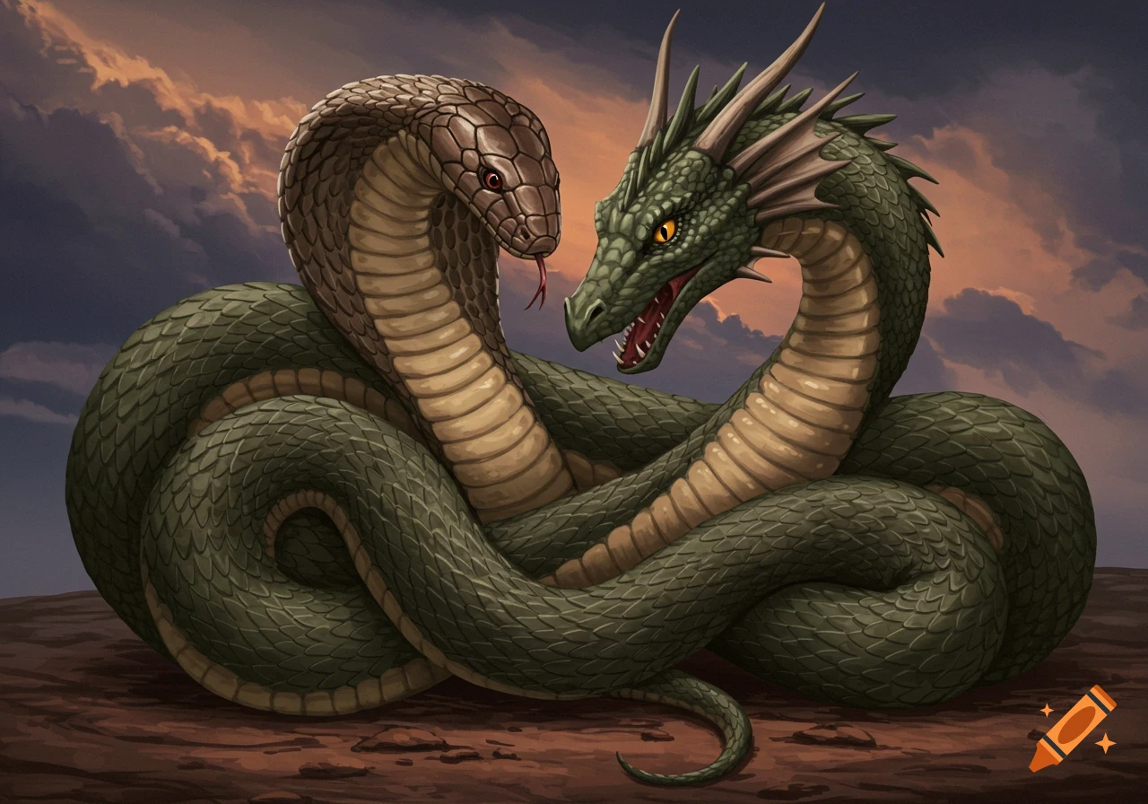 A cobra snake and a dragon intertwined against a stormy sky.