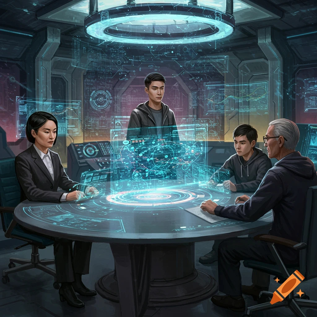 A group of people in a futuristic meeting room with holographic data displays.