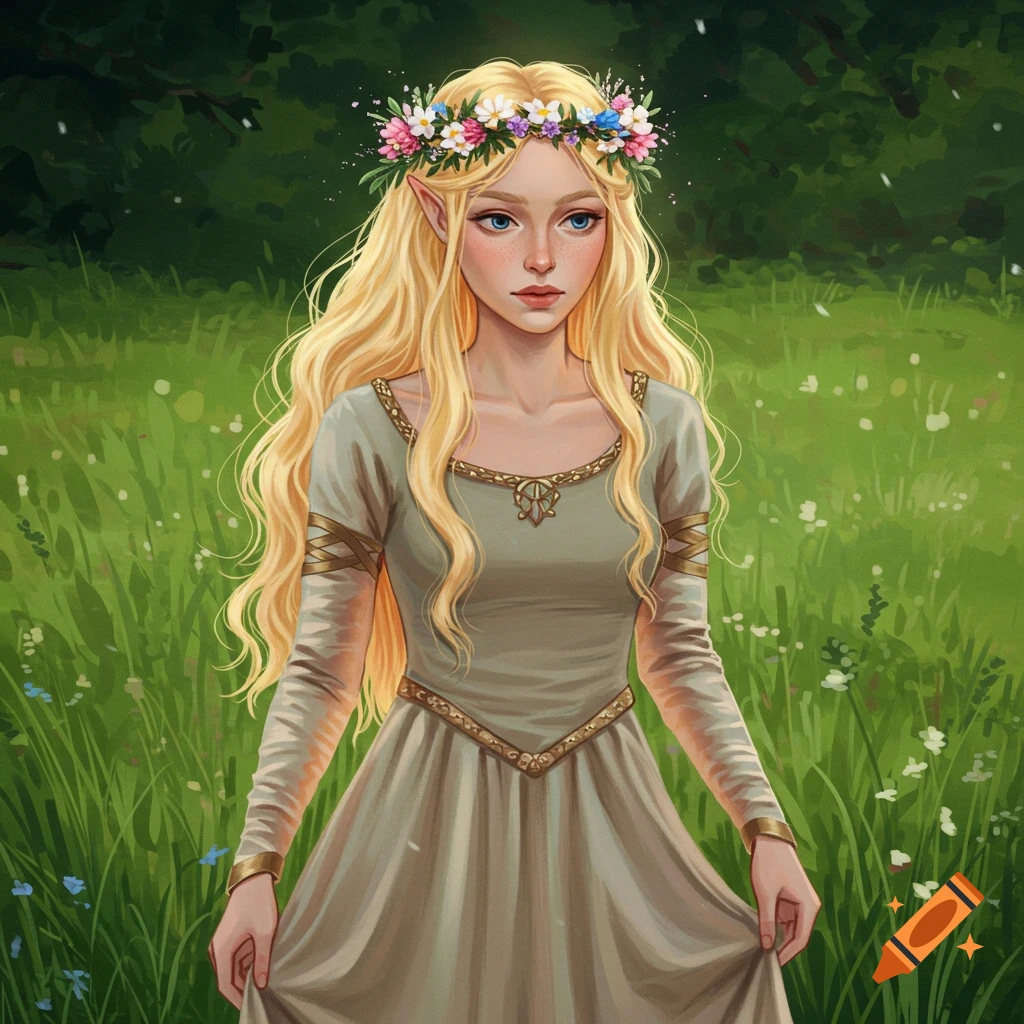 A blonde woman with elf ears wears a flower crown and green dress in a field.