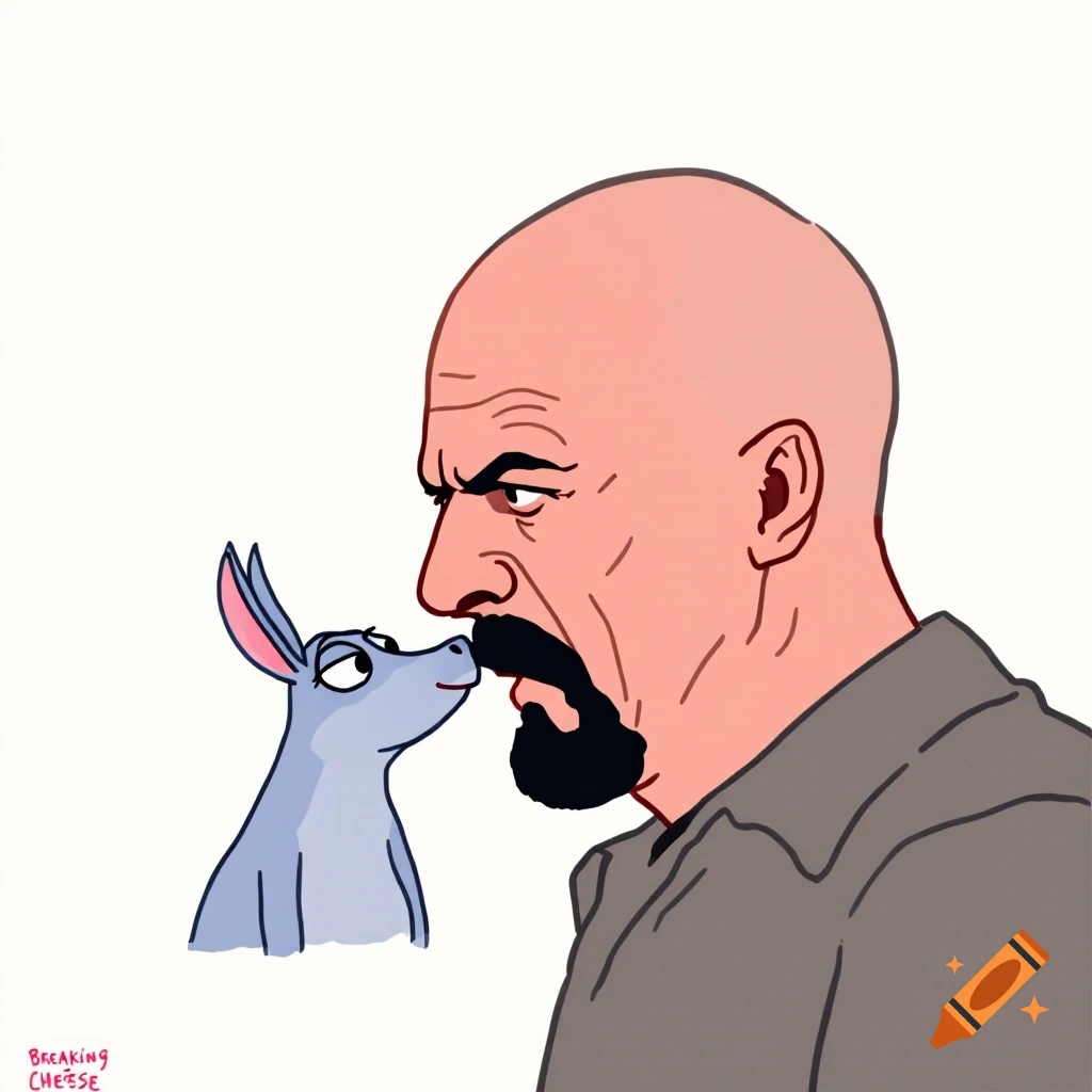 Cartoon of a bald man with a goatee and a small blue creature touching noses.
