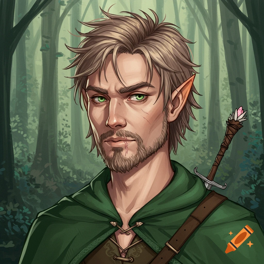 Portrait of an elven man with beard, scar, green eyes, green cloak, in forest. Digital art.