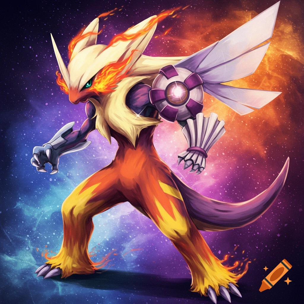 A Blaziken and Palkia fusion stands powerfully against a colorful cosmic background.