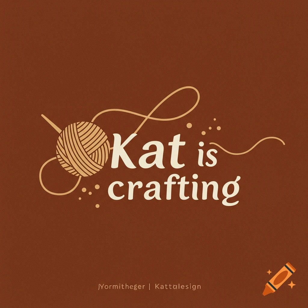 Minimalist logo with yarn and needle for 'Kat is Crafting' on brown background.