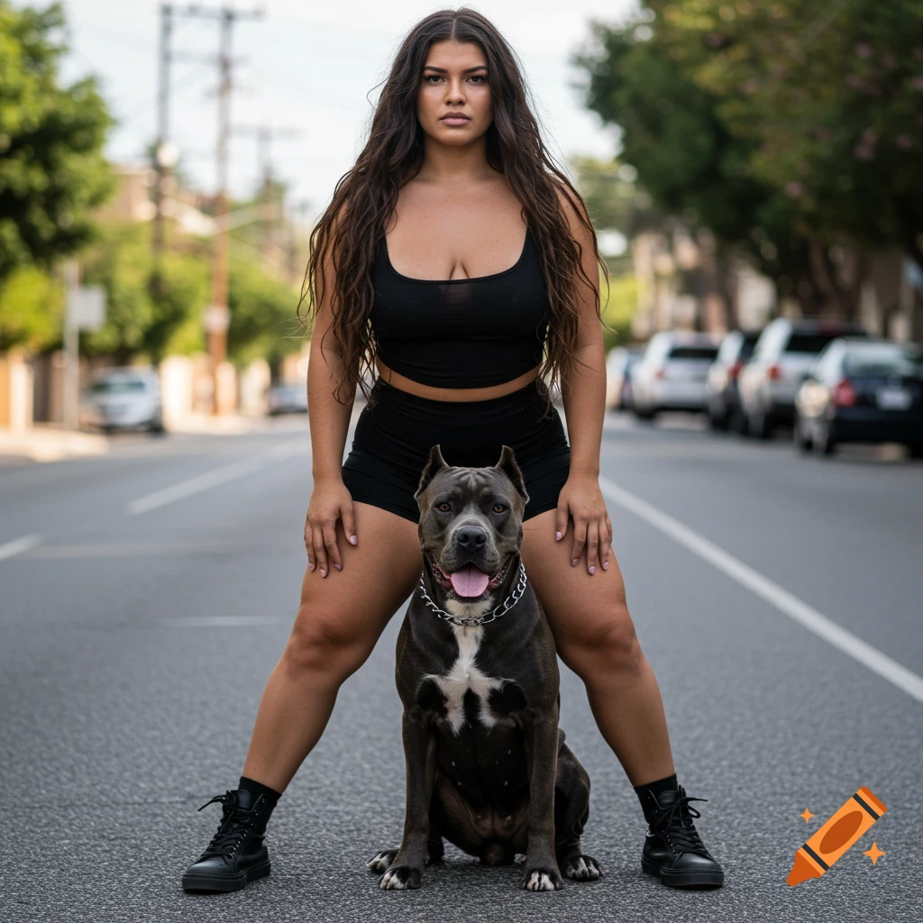 A woman stands on a street with a large dog sitting between her legs.