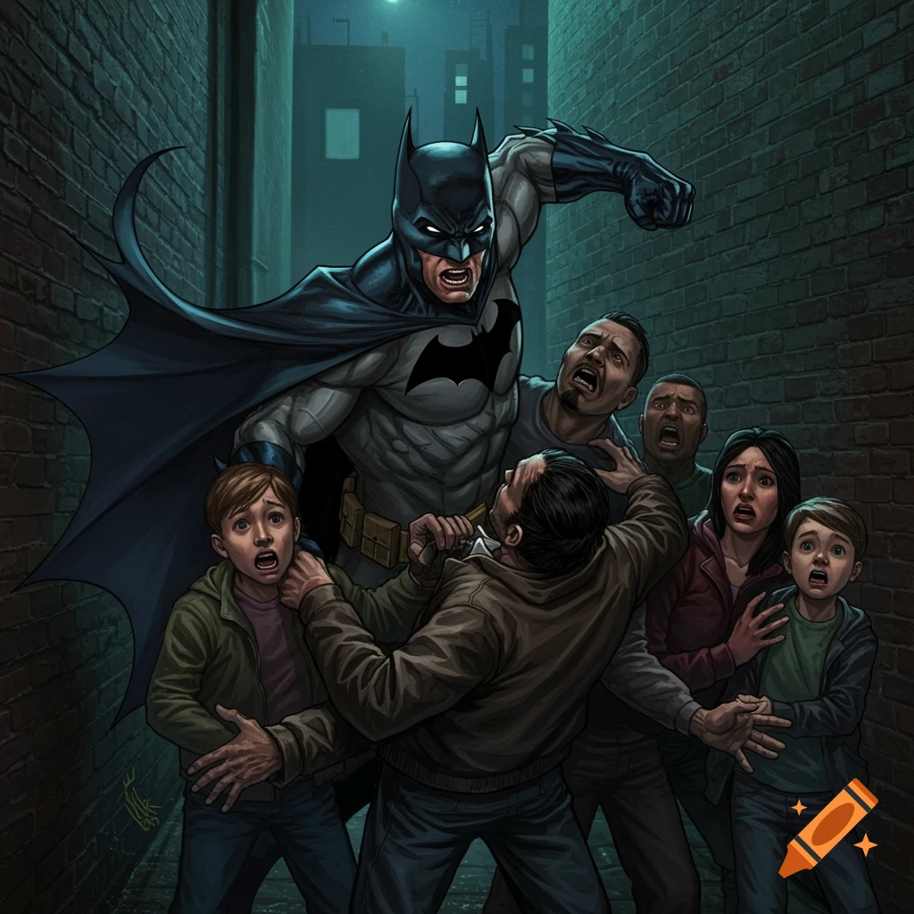 Batman preparing to punch a man in a dark alley as a family watches in fear.