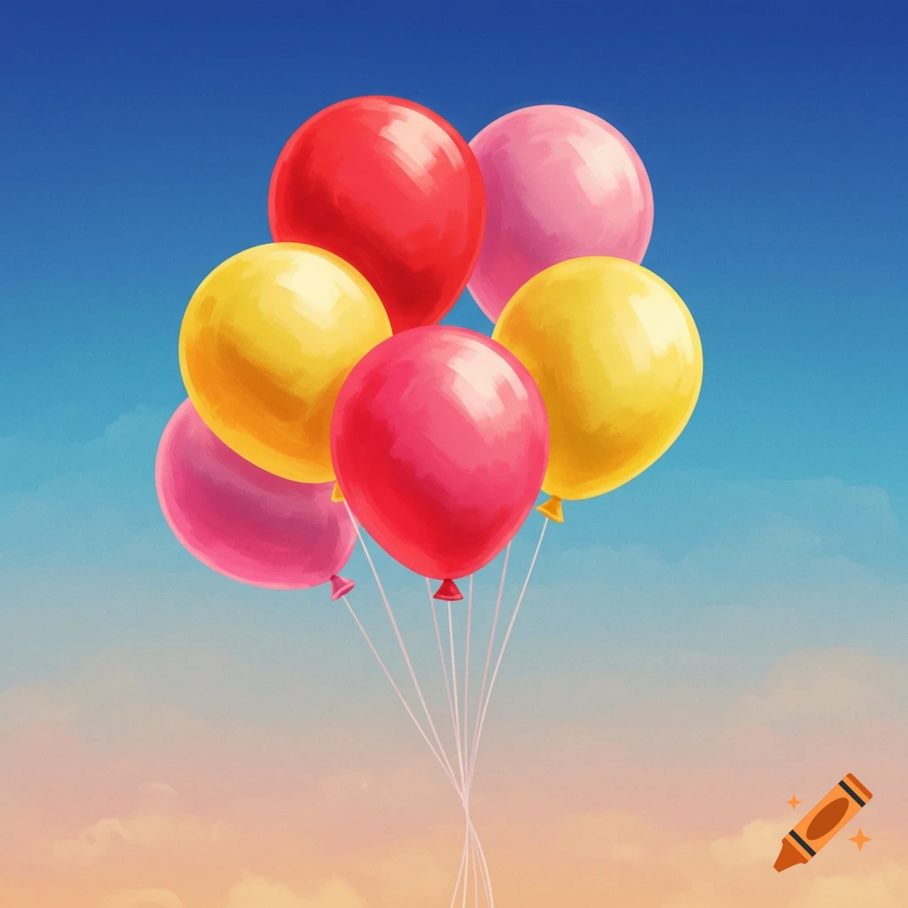 A cluster of colorful red, pink, and yellow balloons floats against a blue and orange sky.
