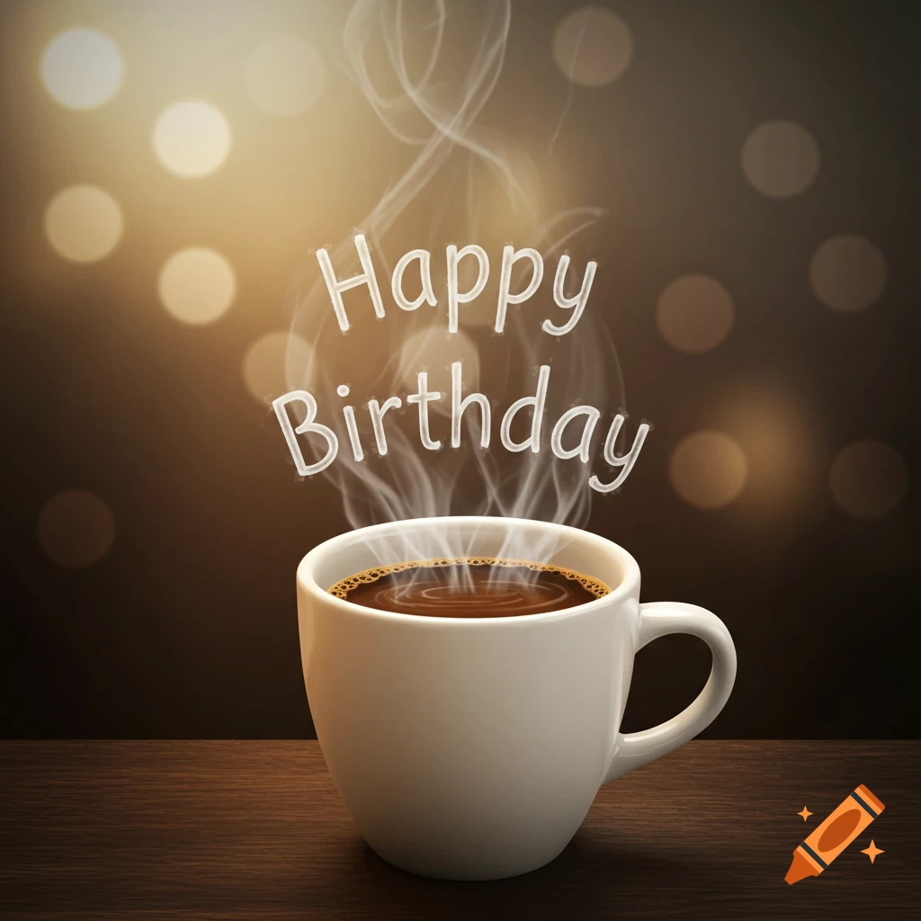 A white coffee cup on a wooden table with steam rising to spell Happy Birthday against a blurry bokeh background.