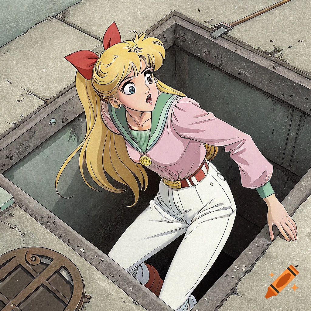 Anime girl with blonde ponytail and red bow climbing out of a manhole.