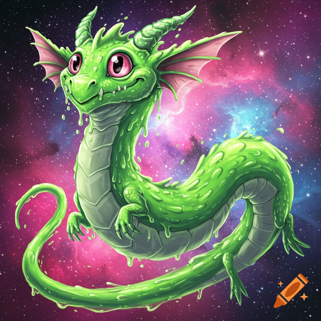 A gooey green cartoon dragon floats in space among pink and blue nebulae.