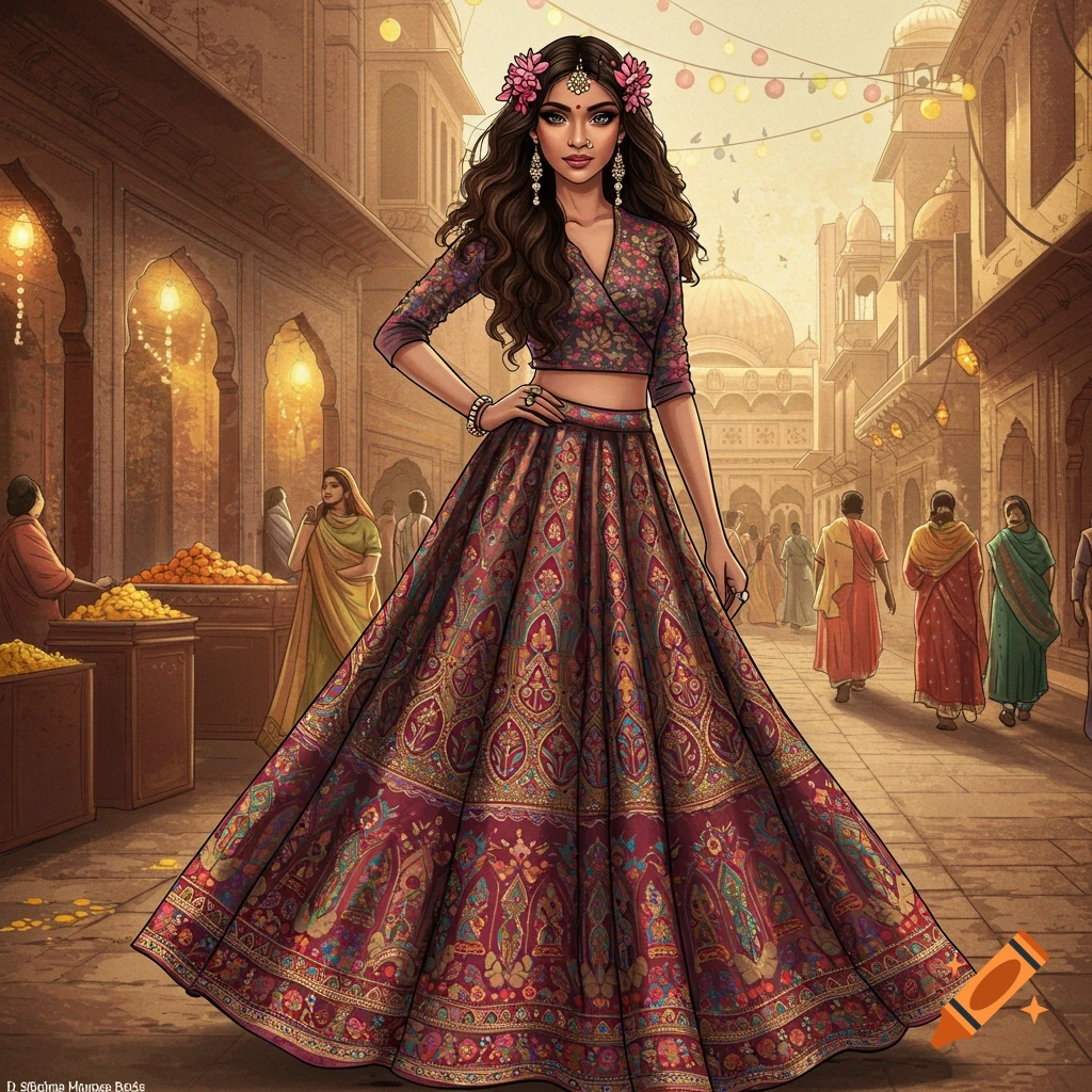 An illustration of a woman in a detailed traditional Indian outfit standing in a street scene.