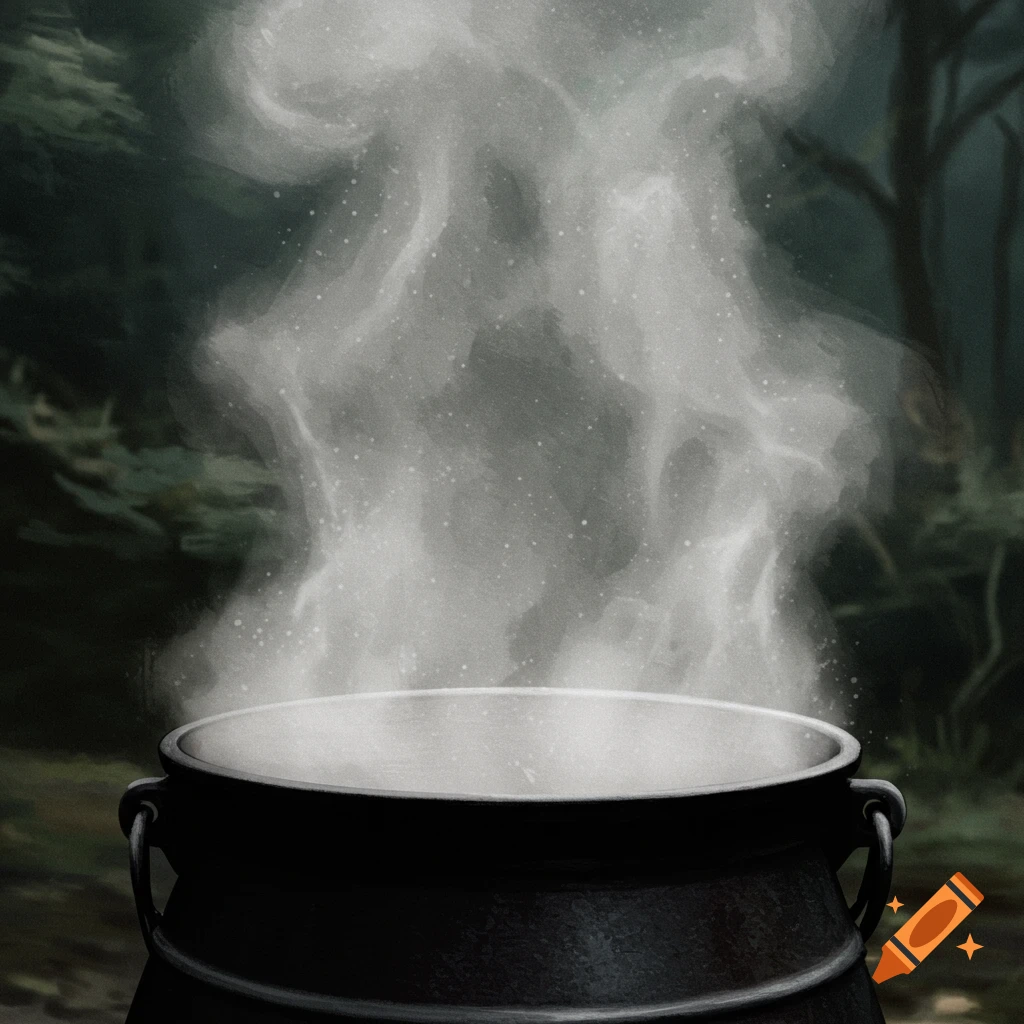 A black cauldron with steam rising sits in a dark forest.