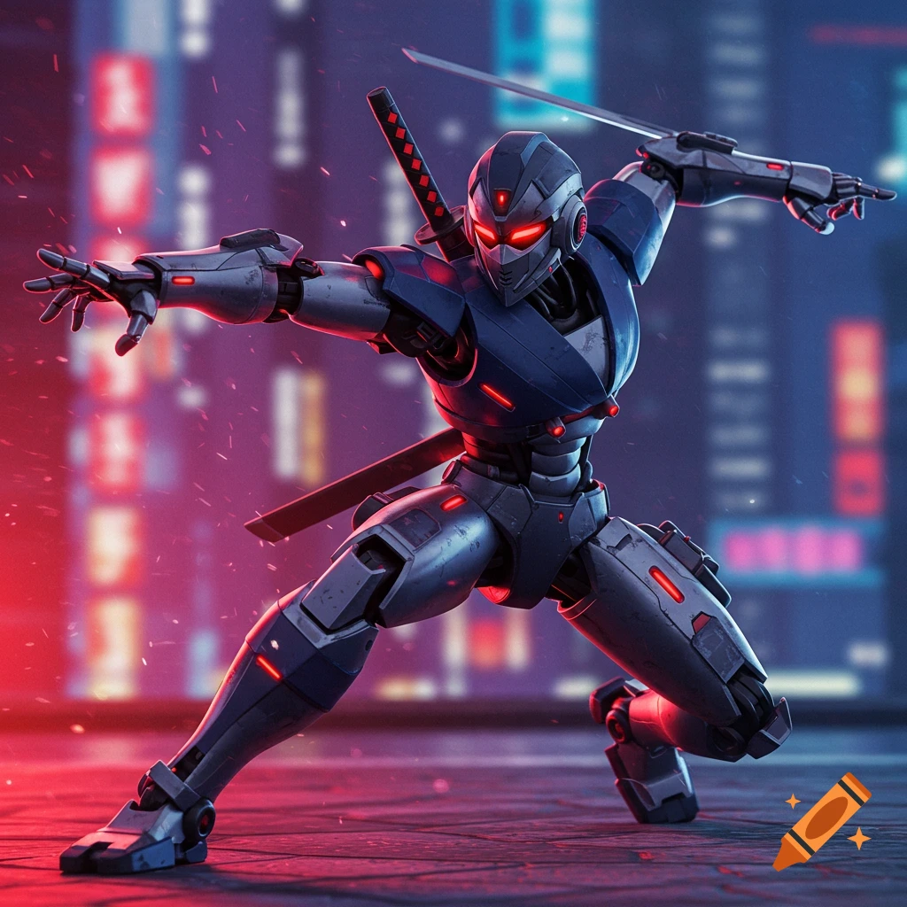 Anime style robot ninja with swords in a dynamic pose against a futuristic city backdrop
