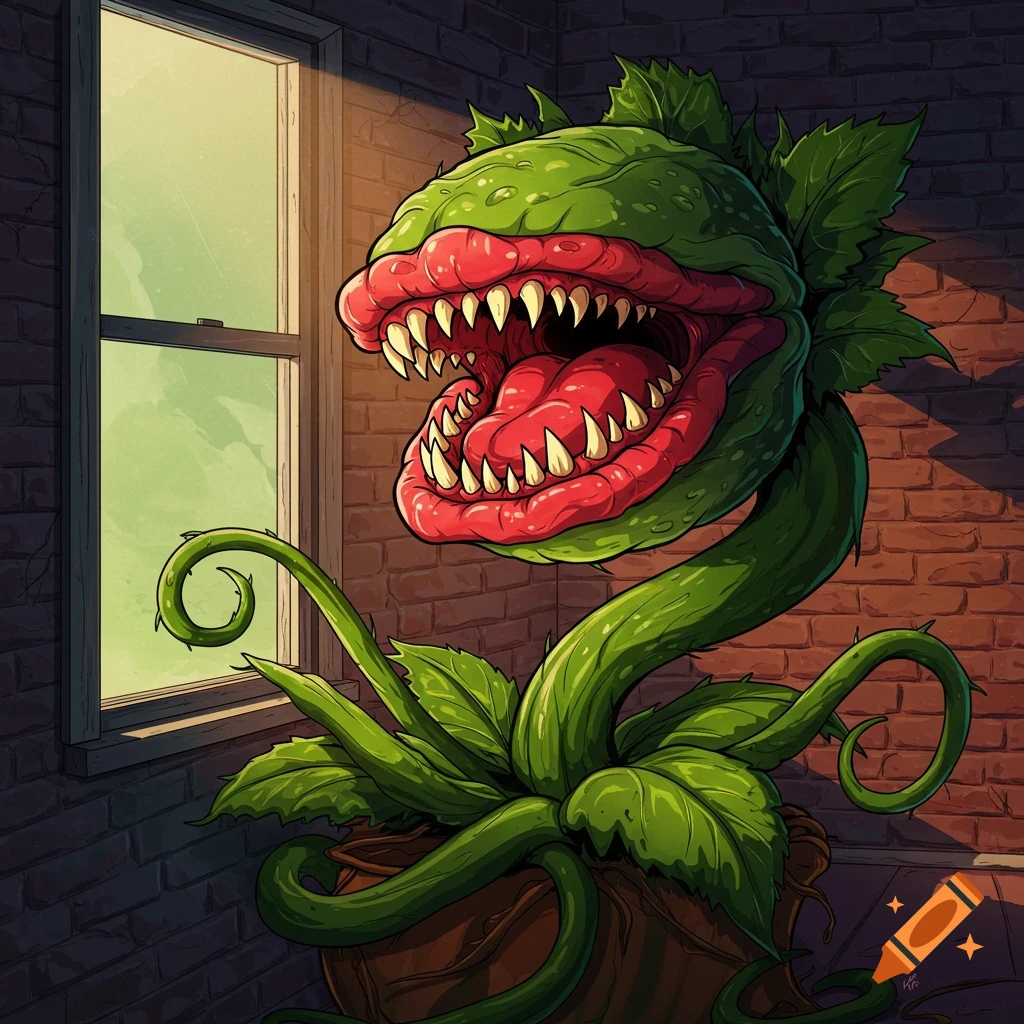 Audrey 2, a toothy plant monster, in a pot by a window.