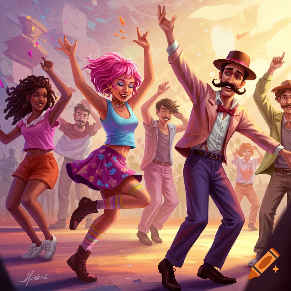 A colorful image of diverse people dancing at a party.
