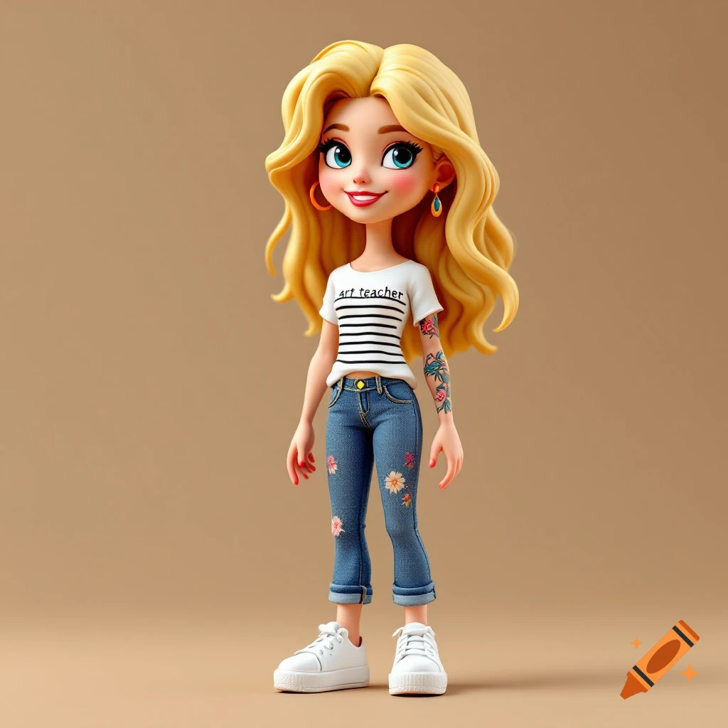 3D illustration of a stylized blonde woman action figure wearing a striped shirt and jeans with flowers.