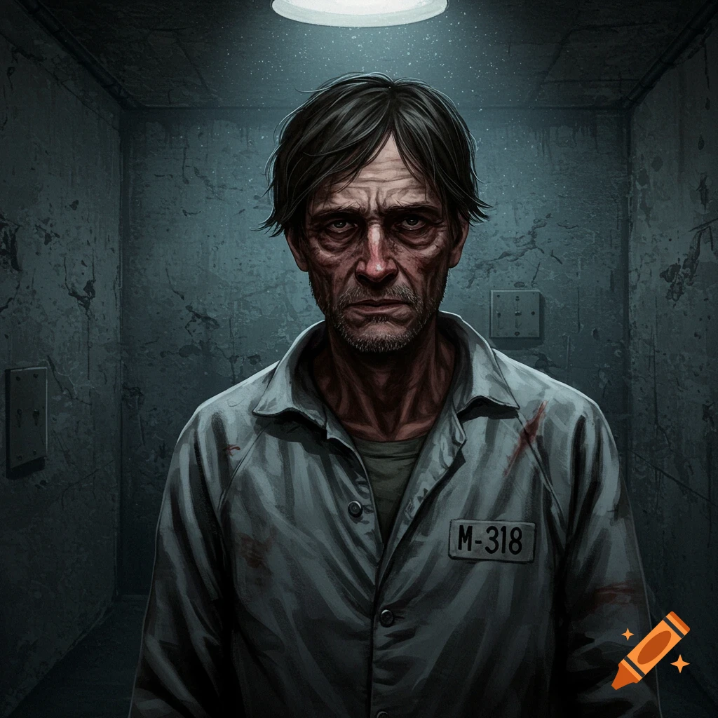 A haggard man in a prison uniform sits in a cell