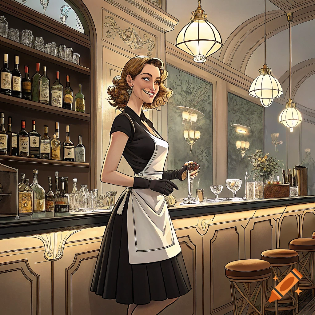 A woman bartender stands behind a bar holding a glass in a stylized illustration.