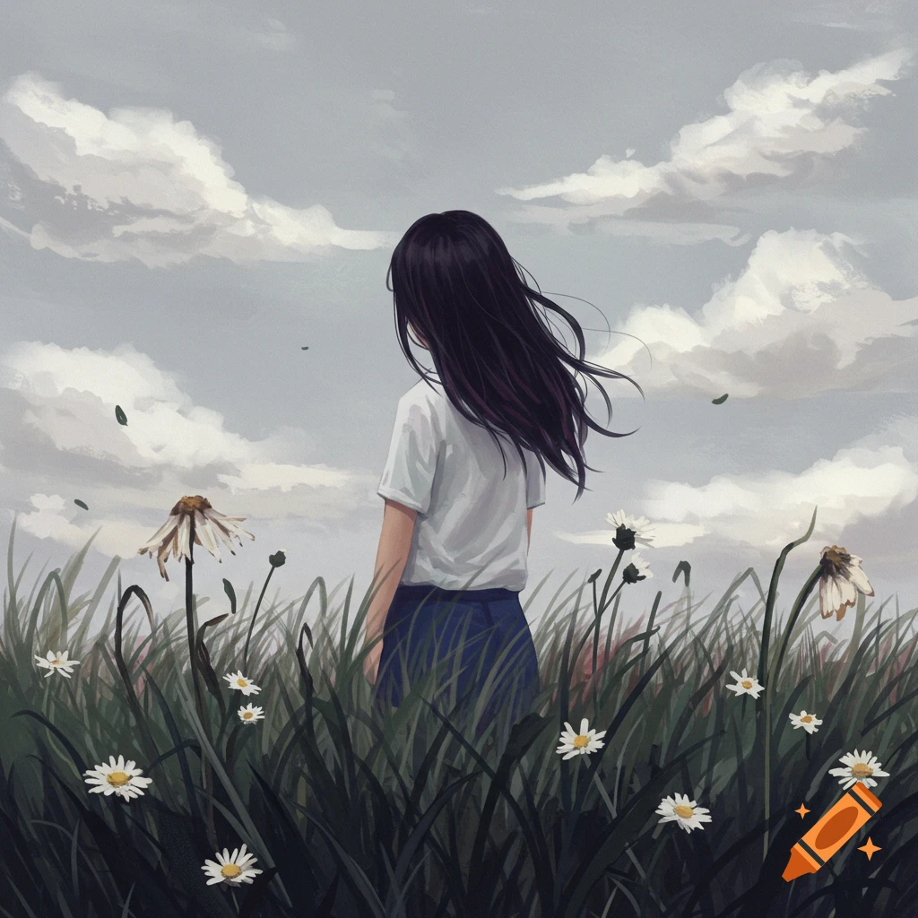 A person with long dark hair standing in a field of tall grass and daisies, looking at a cloudy sky.