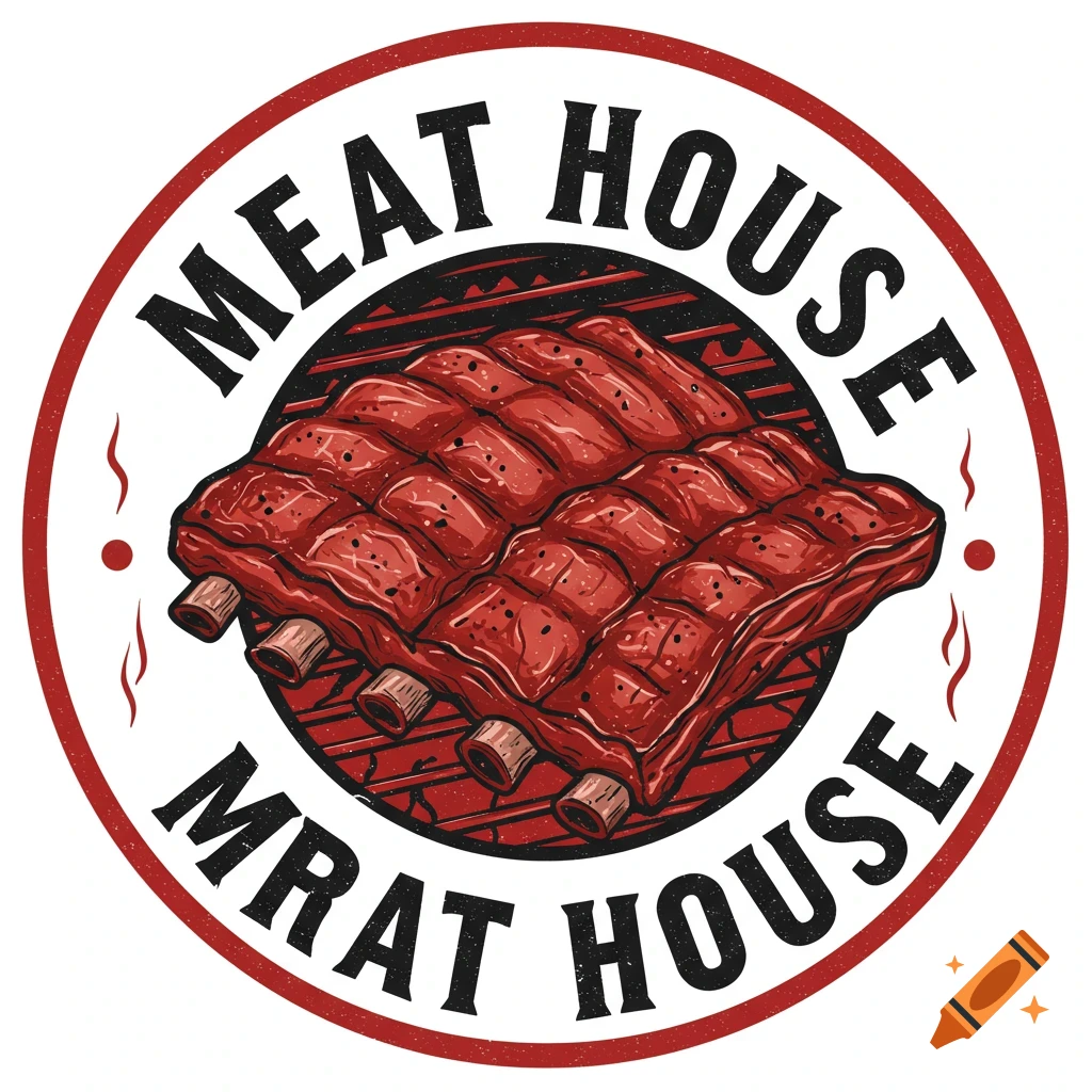 Red circular logo with ribs on a grill and text reading 'MEAT HOUSE' and 'MRAT HOUSE'.