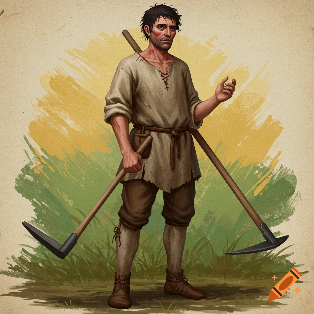 A medieval peasant man holding hoes.