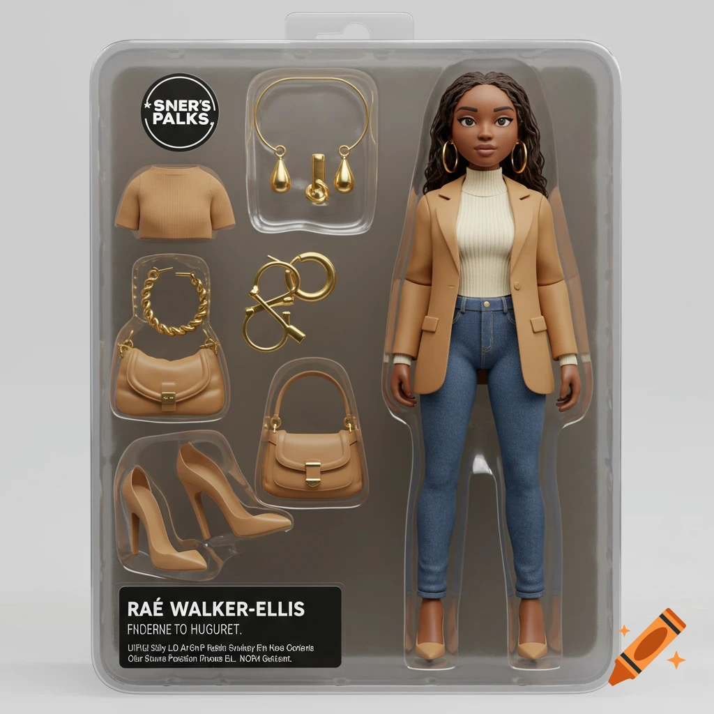 A 3D cartoon action figure of a woman in a blazer and jeans with accessories in blister packaging.