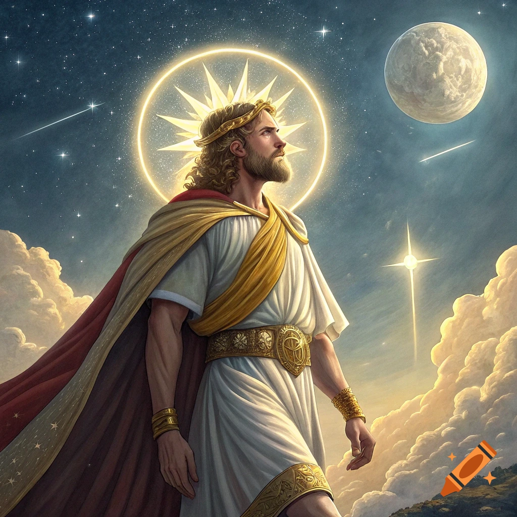 Man with halo and golden robe looking up at moon and stars.