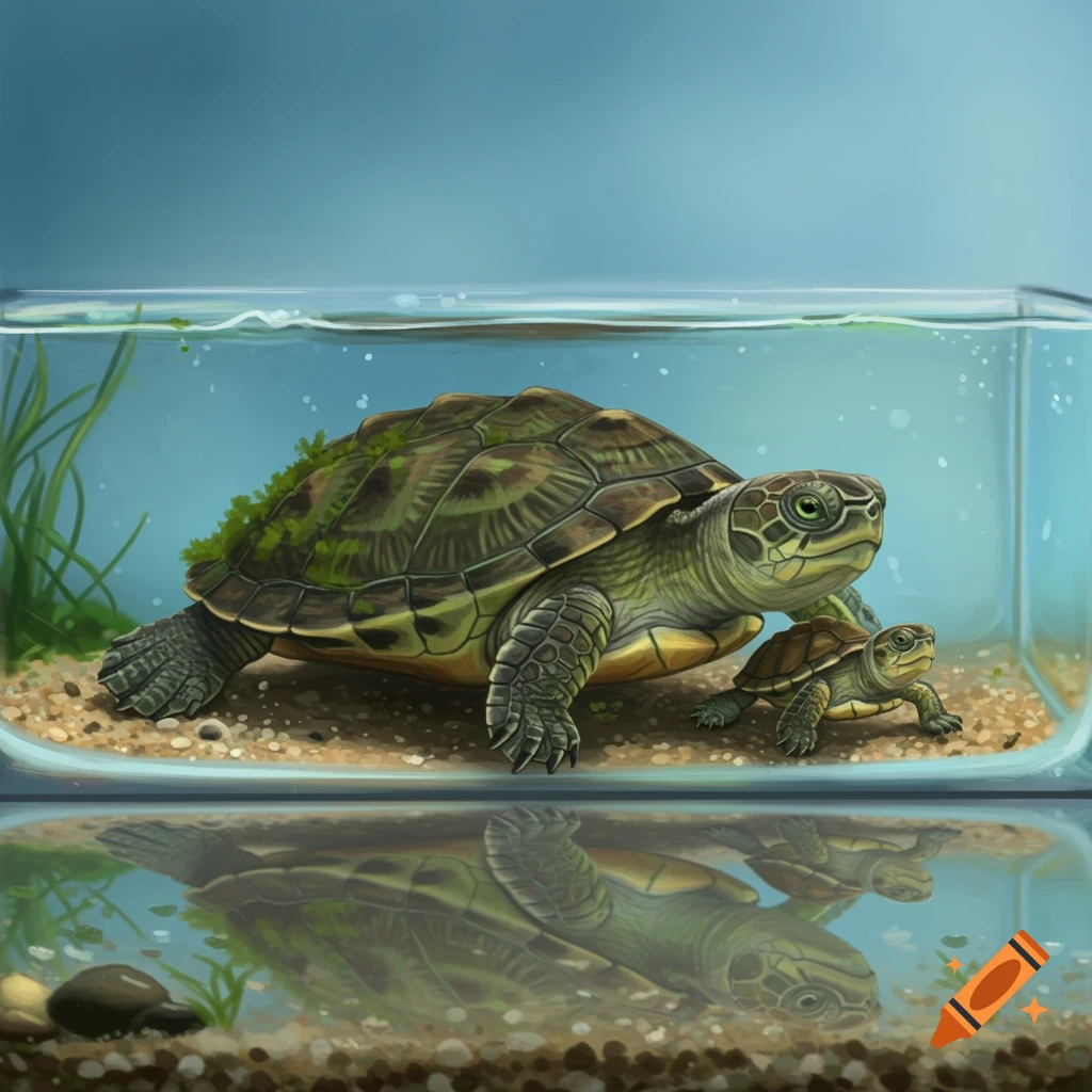 Mother and baby turtles in a glass aquarium tank with reflections.