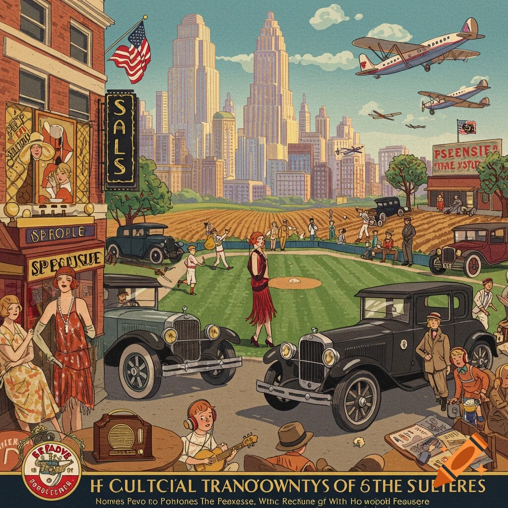 Illustration of a 1920s city scene with classic cars, people playing baseball, skyscrapers, and airplanes.