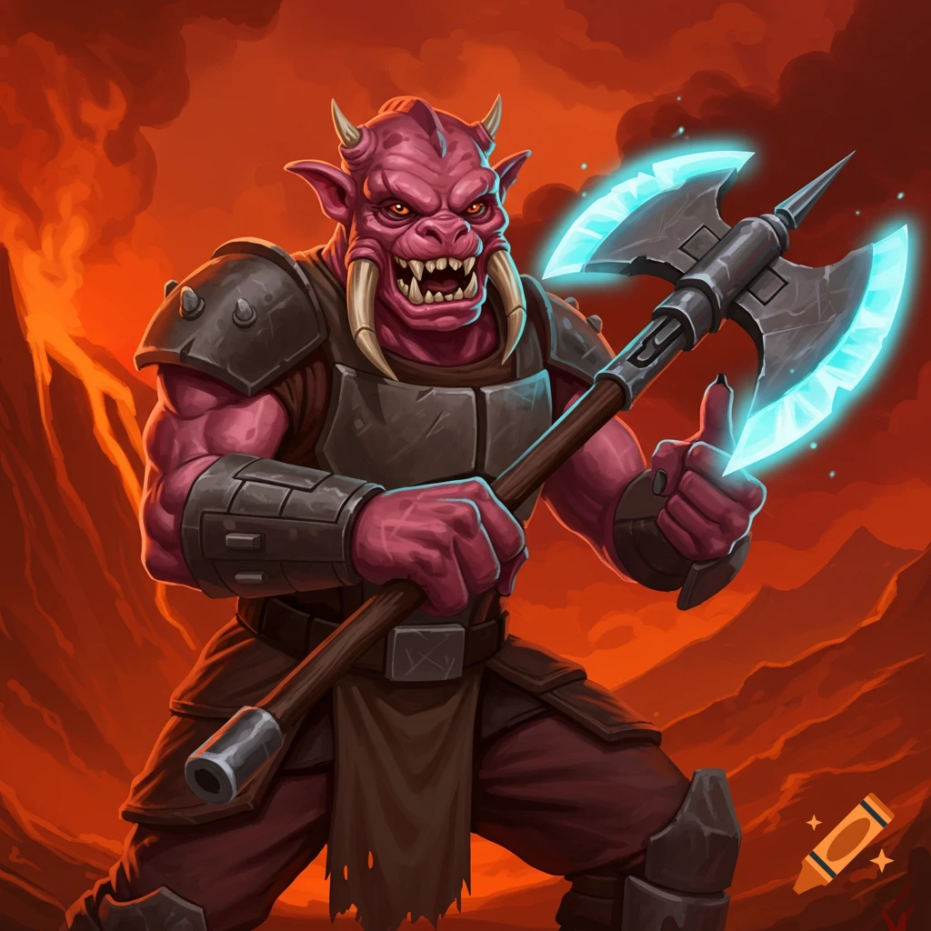 A red-skinned fantasy creature in armor holding a glowing axe