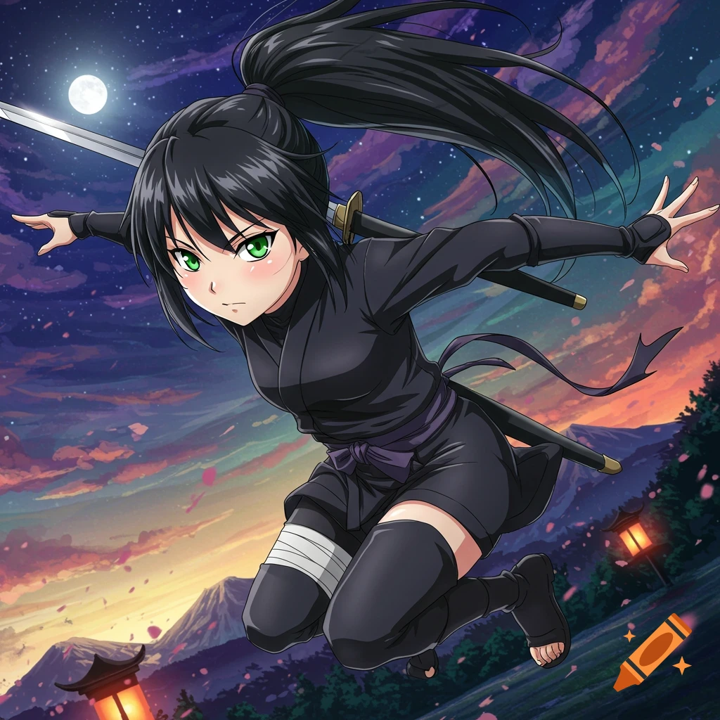 An anime girl in a black ninja outfit leaps with a sword in a nighttime fantasy landscape.