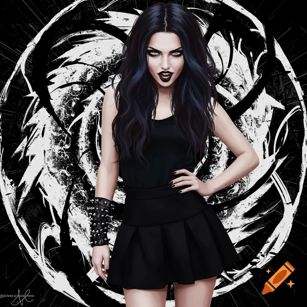 A woman in black gothic-style clothing posing against a black and white abstract background.