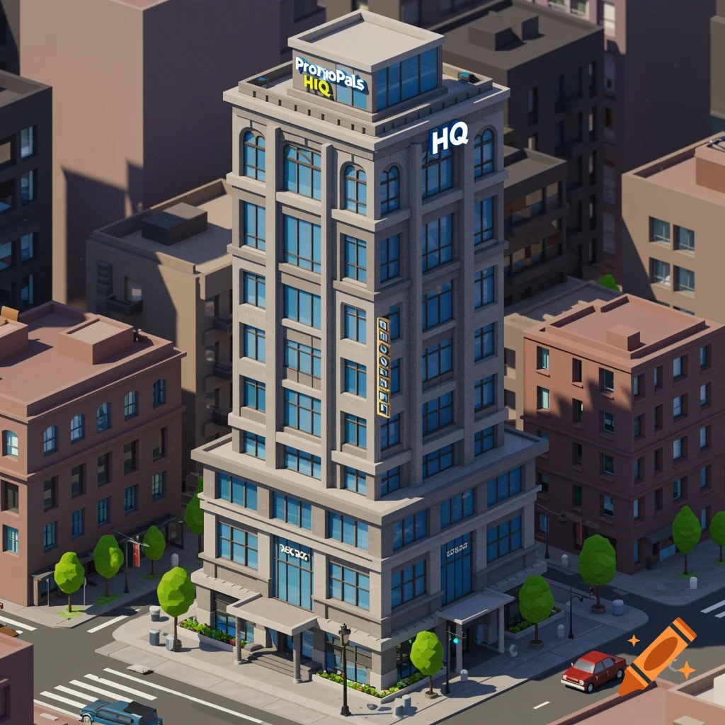 An isometric cartoon of a tall business building with PromoPals HQ signs in a city scene.