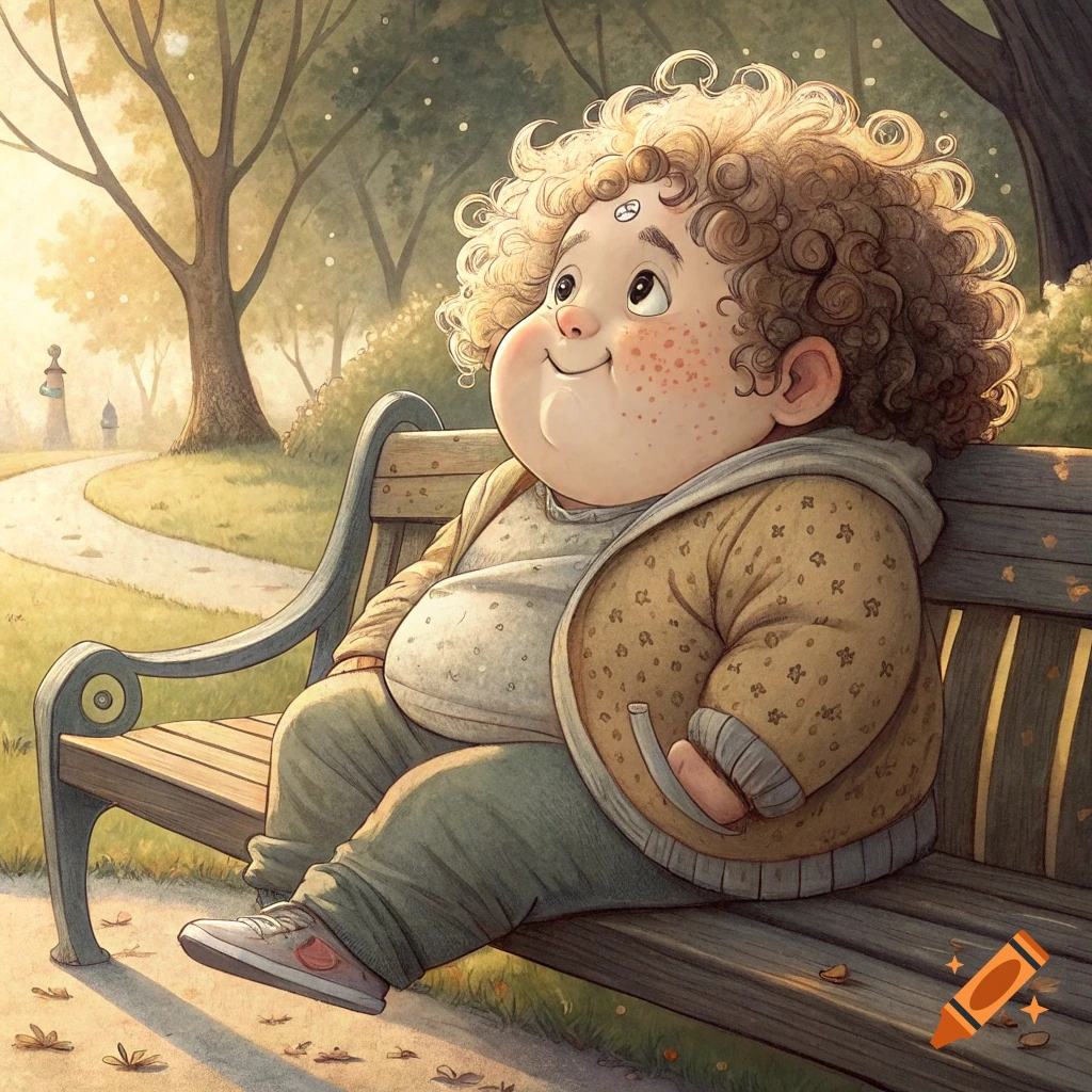Cartoon child with curly hair sitting on a park bench looking up in a stylized illustration.